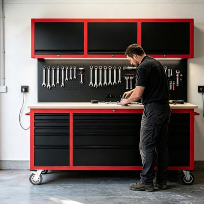 LARBANKE 72" Rolling Tool Chest with 15 Drawers, 1.2" Thick Solid Wood Top - color: Red, size: 15 drawer tool chest and 3 upper cabinet