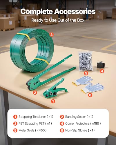 VEVOR Banding Strapping Kit, Heavy Duty Banding Sealer Tool with 1500 ft PET Band, 450 Metal Seals, 150 Corner Protectors & Gloves, Plastic Pallet Packaging Strapping Kit for Warehouse/Shipping/Moving - size: PET 5/8"x1500' 6PC Set