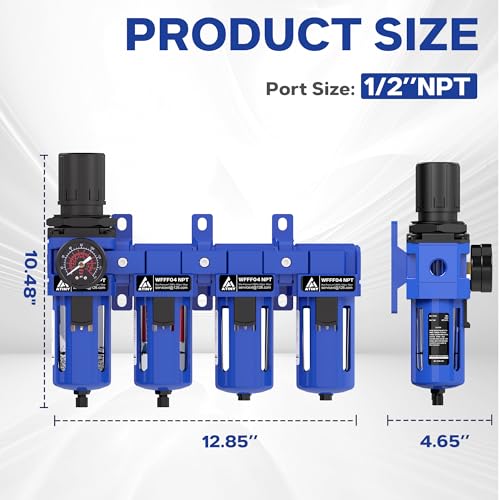 1/2" NPT Air Dryer for Compressor,4 Stage Water Separator for Air Compressor,Brass Filter, Coalescing Filter,Double Desiccant Dryers & Air Regulator,Semi-Auto Drain,Industrial Grade(Blue) - size: 1/2" NPT