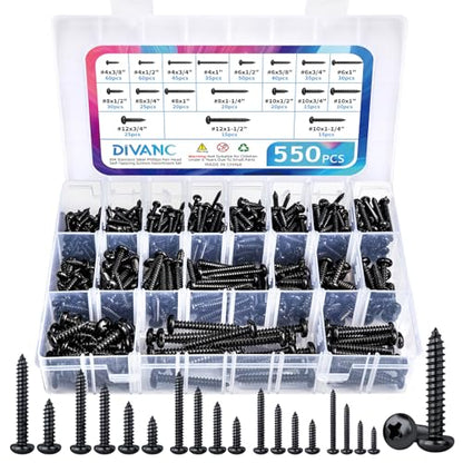 550Pcs 304 Stainless Steel Black Wood Screws Assortment Kit, Phillips Pan Head Sheet Metal Screw Self Tapping Screws Set, #4#6#8#10#12 Wood Assorted Screws (Black-Pan Head 550PCS) - style: Black-Pan Head 550PCS