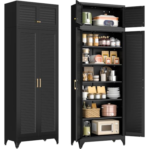 Polup 90" Tall Metal Kitchen Pantry Storage Cabinet with Doors and Shelves - color: Black, size: 90"H - Louvered Door