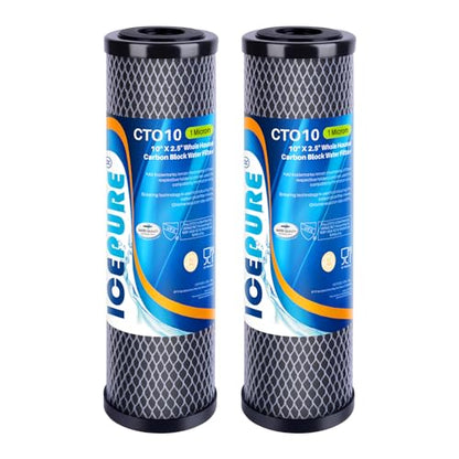 ICEPURE 1 Micron 2.5" x 10" Whole House CTO Carbon Sediment Water Filter Cartridge Compatible with DuPont WFPFC8002, WFPFC9001, SCWH-5, WHCF-WHWC, WHCF-WHWC, FXWTC, CBC-10, RO Unit, Pack of 2 - size: 2 Count (Pack of 1), style: Activated Carbon