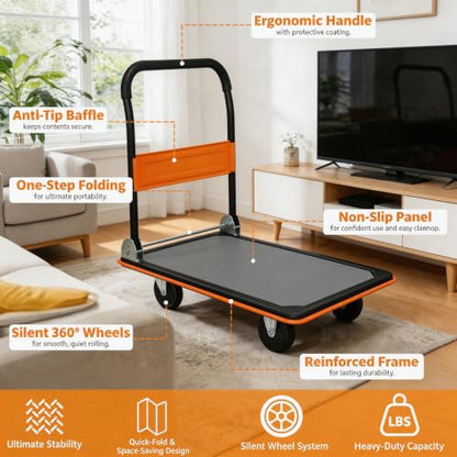 Foldable Platform Hand Truck, Heavy Duty Push Cart Dolly (Orange) - color: 660lbs-orange