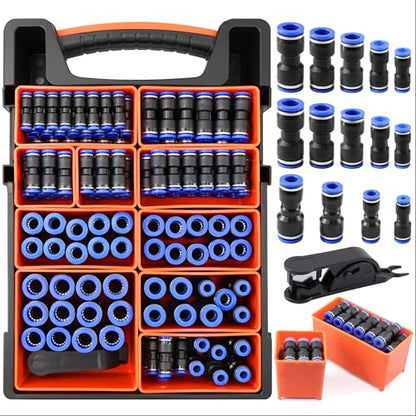 Fuzbaxy170PCS Pneumatic Push-to-Connect Fittings Kit, 1/8" 1/4" 3/8" 1/2" 5/16" NPT Air Hose Connectors with PG Reducer, PA66 Nylon Quick Coupler for Air Compressor, Spray Gun, Water Line & RO System - color: 170PCS with PU/PG