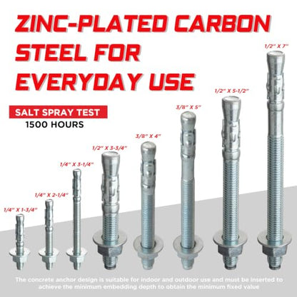 1/4" x 2-1/4" Expansion Anchor Bolts for Concrete, Zinc Wedge Anchors for Structural Masonry Applications, Heavy Duty Fasteners, 10 Pack - size: 1/4" x 2-1/4"