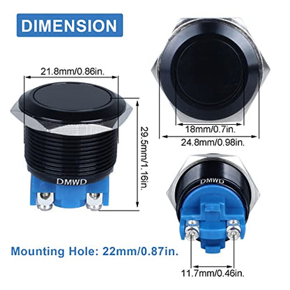 1pc 22mm Latching Metal Push Button Switch Waterproof IP66 Anti-Vandal IK09 for 7/8" Mounting Hole Screw Terminals 12V 24V 36V DC 110V 250V AC 5A 1NO Aluminium Alloy Black Shell - color: Black, size: 22mm 1pc