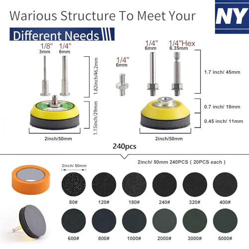 240Pcs 2 Inch Sanding Discs for Drill, Wet Dry Silicon Carbide Sandpaper 80-5000 Grit, with 1/8” & 1/4 ”Shank Backing Pads, Hook and Loop Drill Sanding Attachment for Wood Metal Car Polishing