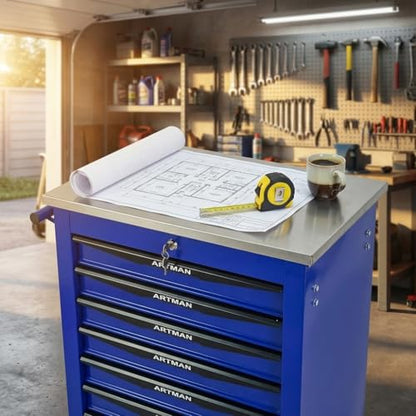 Rolling Tool Chest,Stainless Steel Worktop,Blue,7‑Drawer - color: Blue, size: 7-Drawers