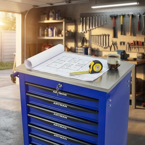 Rolling Tool Chest,Stainless Steel Worktop,Blue,7‑Drawer - color: Blue, size: 7-Drawers