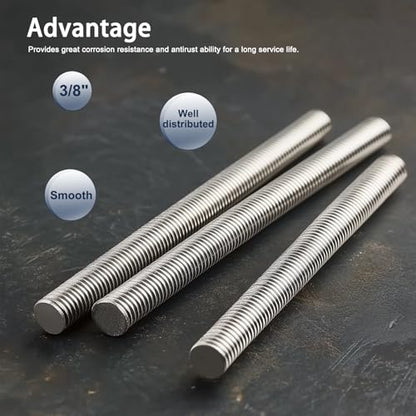 3/8"-16 Fully All Threaded Rod & Studs, 12" Length, 304 Stainless Steel Right Hand Thread Screw for Furniture Anchor Bolts, Clamps, Hangers and U-Bolts 2 Pack - size: 3/8"-16 x 12"
