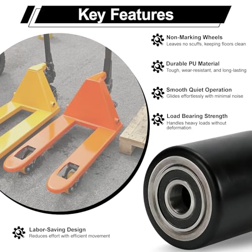 Two Packs of Pallet Jack/Truck Wheels 3” x 3.75” PU Poly Tread, 20mm ID Bearings, Full Set with Axles, Pins and Entry Exit Roller - color: Black