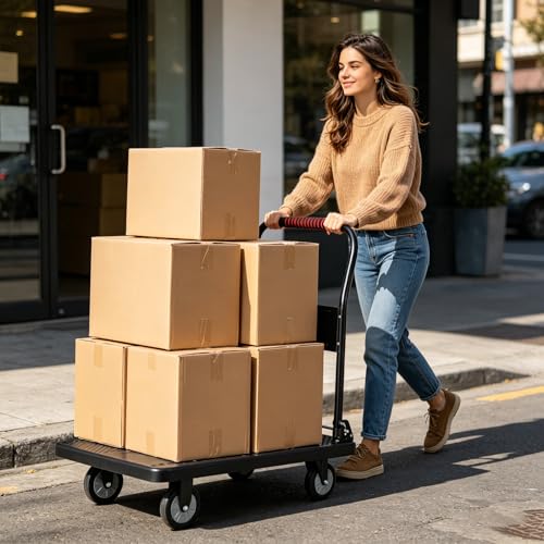 Heavy Duty Foldable Push Cart Dolly with 660LBS Capacity - Collapsible Platform Truck with Swivel Wheels, Flat Bed Moving Wagon & Space Saving Handles (1, Black, 660 LBS) - color: 660lbs-black