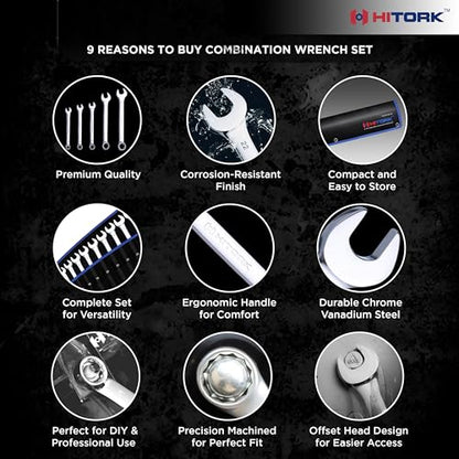Hitork 24-Piece Combination Wrench Set, SAE (1/4"–1") & Metric (8–24mm), Cr-V Steel, Mirror Chrome Finish, 12-Point Box End, 15° Offset, with Roll Pouch – Ideal for Home, Garage & Auto Repair - style: 24 Piece Set SAE & Metric