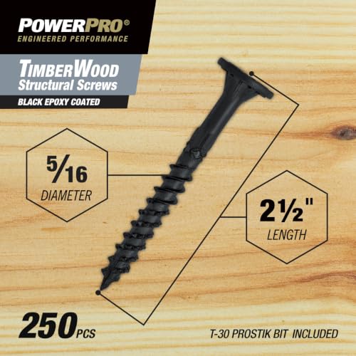 Power Pro TimberWood Structural Screws, 5/16in x 2-1/2in, 250 Pieces, Black - color: Black, size: 5/16 inch x 2-1/2 inch, style: 250pc