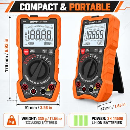 ZOYI ZT-1000R 2 in 1 Megohmmeter Multimeter, 50V/100V/250V/500V/1000V 5 Gear with DAR&PI, Insulation Resistance up to 20GΩ, 19999 Counts Auto Range T-RMS, V,Ω,C,FREQ,Temp, Diode,Continuity Tester