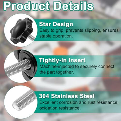 uxcell 8pcs Star Clamping Knobs with Nuts Washers, M5 x 25mm Metric 304 Stainless Steel Male Thread 32mm 6-Star Plastic Head, Threaded Stud Hand Knobs Handles Thumb Screws, Black - size: M5 x 25mm