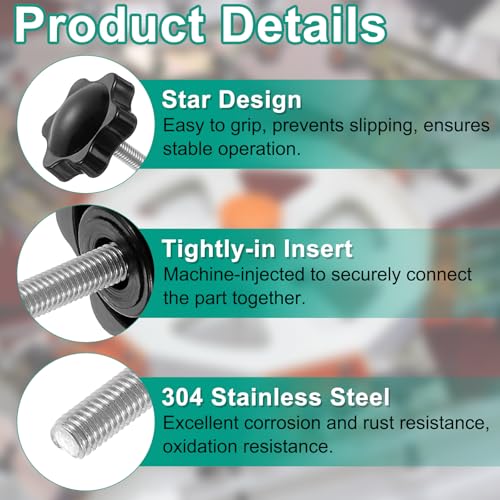 uxcell 8pcs Star Clamping Knobs with Nuts Washers, M8 x 40mm Metric 304 Stainless Steel Male Thread 32mm 6-Star Plastic Head, Threaded Stud Hand Knobs Handles Thumb Screws, Black - size: M8 x 40mm