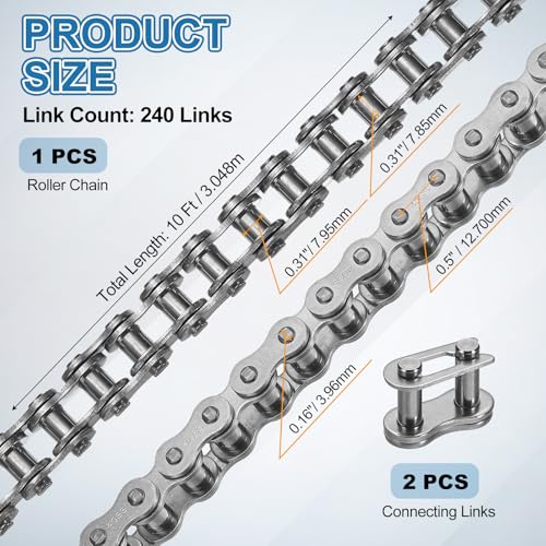 DTGN ANSI #40/ISO (DIN) 08A-1 Roller Chain 10 Ft 240 Links Stainless Steel - size: #40/08A-1