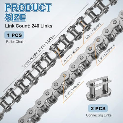 DTGN ANSI #40/ISO (DIN) 08A-1 Roller Chain 10 Ft 240 Links Stainless Steel - size: #40/08A-1