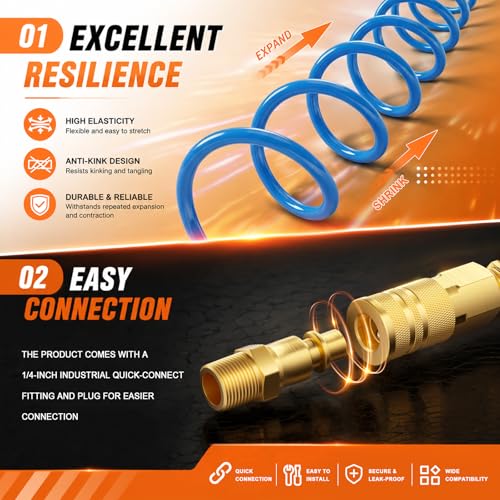 GASHER 1/4" x 50FT Polyurethane Recoil Air Hose with Bend Restrictor, 1/4" Industrial Quick Coupler and Plug - color: Blue, size: 1/4" x 50FT