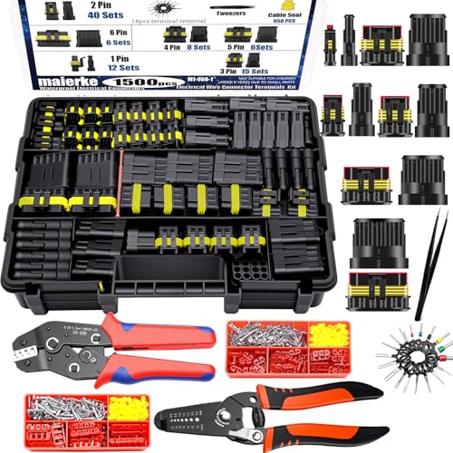 1500PCS 87 Sets Waterproof Automotive Electrical Connectors Waterproof Wire Connectors Automotive Replacement Ignition Plug Connectors 1/2/3/4/5/6 Pin with Ratcheting Crimper Pliers - color: Black, size: 1500pcs