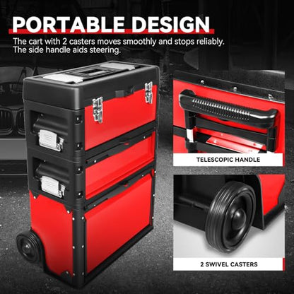Auto Dynasty 3-Tier Rolling Trolley Tool Box Stackable w/Wheels, 19.5"Red - color: Red