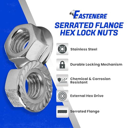 Fastenere Serrated Flange Nuts – 1/4"-28 (50-Pack), Durable Stainless Steel 18-8 Hex Lock Hardware Nuts, Corrosion-Resistant, Fine Plain Finish for Home, Automotive & Industrial Use - size: 1/4-28 (50 Pack)