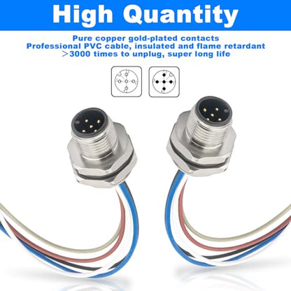 2-Pack M12 5 Pin A Code Male Connector Cable with Trimmed Base 0.2M - color: Male, size: 5Pin Back Mount