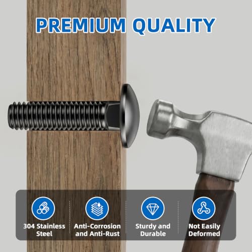 Mellewell 1/4-20 x 2-1/2" Carriage Bolt Kit, Carriage Bolts with Nuts and Washers, Round Head Square Neck, 304 Stainless Steel, Full Thread, Black Finish, 8 Sets - color: Black, size: 1/4-20 x 2-1/2"