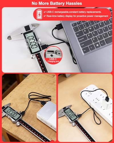 8" Digital Caliper, 0.001" Precision Rechargeable Vernier Caliper - USB-C, IP54 Protection，Full Stainless Steel, Inch/MM/Fraction, Large LCD Measuring Tool for Machining, DIY & 3D Printing - size: 8"-USB‑C