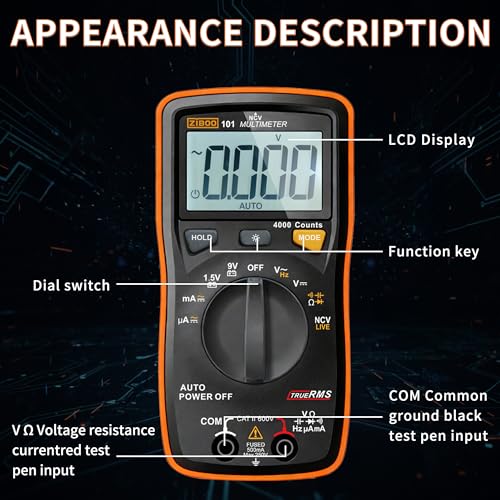 ZIBOO 101 Mini Digital Multimeter, TRMS 4000 Counts Auto-Ranging Pocket Voltmeter, Multi Tester for AC/DC Voltage Current Resistance Capacitance, with NCV, Live Wire, Battery Test and LCD Backlight