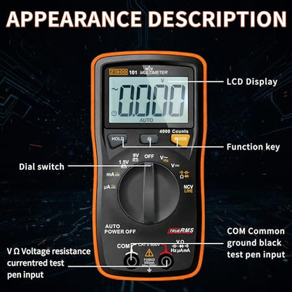 ZIBOO 101 Mini Digital Multimeter, TRMS 4000 Counts Auto-Ranging Pocket Voltmeter, Multi Tester for AC/DC Voltage Current Resistance Capacitance, with NCV, Live Wire, Battery Test and LCD Backlight