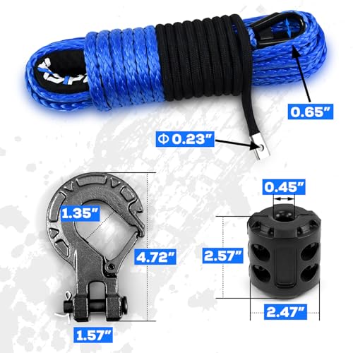 Synthetic Winch Rope Kit, 1/4" x 50ft 10000LBS Blue Winch Cable with Protective Sleeve, Forged Winch Hook, Rubber Stopper and Safety Pull Strap for ATV UTV - color: 1/4"x50ft(Blue)-10000lbs