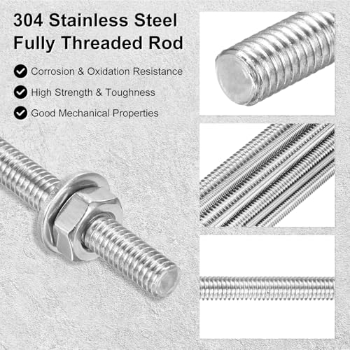 M METERXITY 6-Pack Fully Threaded Rod, M4x450mm 304 Stainless Steel Right Hand Thread Bar Studs with Hex Nuts and Washers for Furniture Anchor Bolts/Clamps/U-Bolts/Beaded Garden Stake Rods - size: M4x450mm