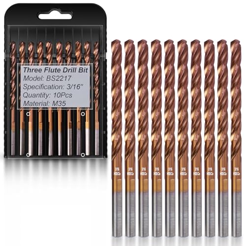 10-Piece 3/16" 3-Flute Cobalt Drill Bits, M35 Metal Drill Bits - size: 3/16 in (10pcs)