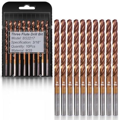 10-Piece 3/16" 3-Flute Cobalt Drill Bits, M35 Metal Drill Bits - size: 3/16 in (10pcs)