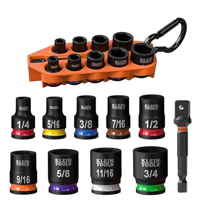 Klein Tools 33809 Grab-And-Go Impact Socket Set, SAE, 10-Piece Set with Sleeve, Carabiner, and 3/8-Inch Drive, Color-Coded 1/4, 5/16, 3/8, 7/16, 1/2, 9/16, 5/8, 11/16, and 3/4-Inch Sockets - style: 10-Piece SAE