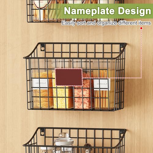 Wall Mounted Bin Basket with 5 Hooks 3 Label Plate Adhesive-3 Pack, Cabinet Hanging Metal Wire Basket,Rustic Farmhouse Decor, Storage Organization Shelf for Pantry Kitchen Bathroom 10.6*7.5*5.1inch - size: 3 Pack