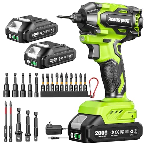 Robustrue Impact Driver: 21V 1/4" Hex Cordless Impact Driver, 230N.m (2,035in-lbs) Brushless Impact Driver Drill Set, 20Psc Screwdriver Bits, 2.0 Ah Battery, Variable Speed for DIY and Automotive