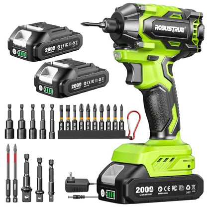 Robustrue Impact Driver: 21V 1/4" Hex Cordless Impact Driver, 230N.m (2,035in-lbs) Brushless Impact Driver Drill Set, 20Psc Screwdriver Bits, 2.0 Ah Battery, Variable Speed for DIY and Automotive