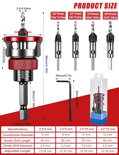 7PCS Countersink Drill Bit Set with Adjustable Depth Stop Collar