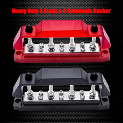 Ampper 4 x M6 Posts Power Distribution Block BusBar 6 M4 Screws, 6.3" R & B - color: Red & Black, size: 4M6+6M4