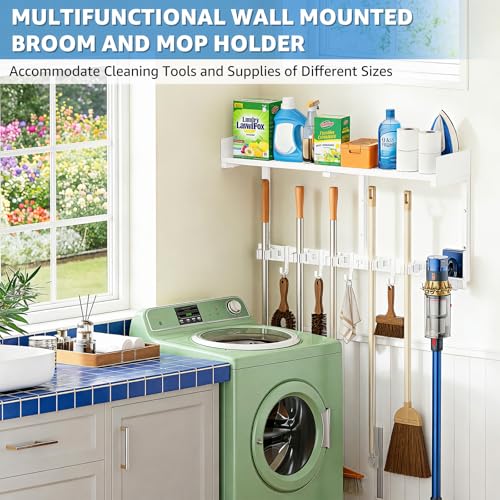 HUFAND Broom Holder Wall Mount, 27" Mop and Broom Organizer with Top Shelf - color: White, size: Large
