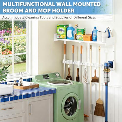 HUFAND Broom Holder Wall Mount, 27" Mop and Broom Organizer with Top Shelf - color: White, size: Large