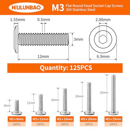 M3 x 8mm 12mm 16mm 20mm 25mm Flat Round Head Hex Socket Cap Screws Bolts, Furniture Screws, 304 Stainless Steel, Metric Fully Threaded, Allen Hex Drive, Bright Finish, Assortment Kit 125PCS - size: M3 x 8/12/16/20/25mm (125PCS)