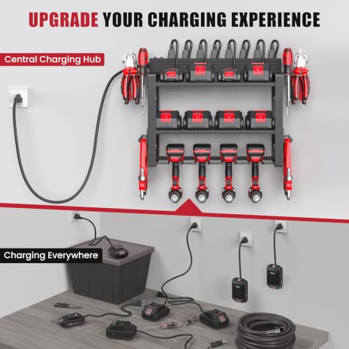 Power Tool Organizer Wall Mount, 8-Outlet Charging Station, 4 Drill Holders - size: 16.5" Width 3-Tier
