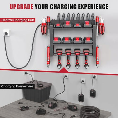 Power Tool Organizer Wall Mount, 8-Outlet Charging Station, 4 Drill Holders - size: 16.5" Width 3-Tier