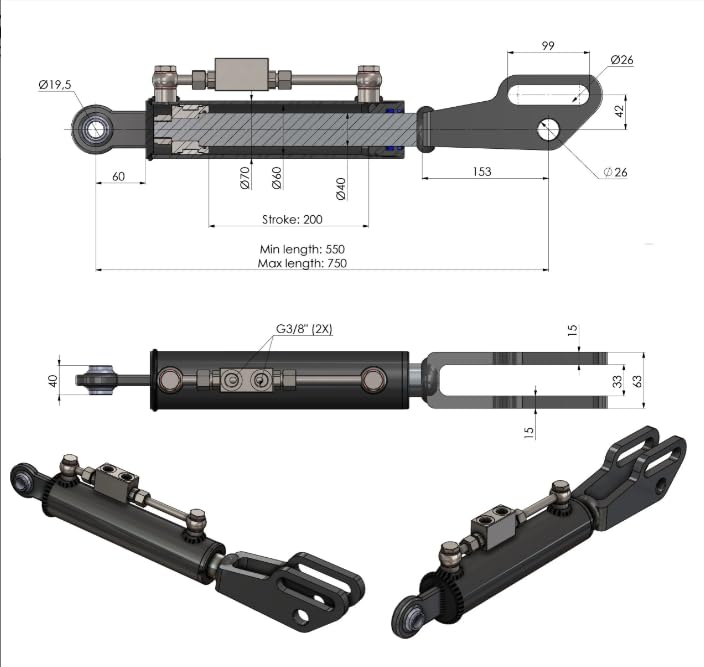 Spare Parts Holland - Hydraulic Side Link Cylinder - Min. 21-5/8" Max. 29-9/16" - size: Min-Max: 21-5/8" , 29-9/16"