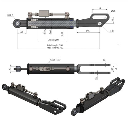 Spare Parts Holland - Hydraulic Side Link Cylinder - Min. 21-5/8" Max. 29-9/16" - size: Min-Max: 21-5/8" , 29-9/16"
