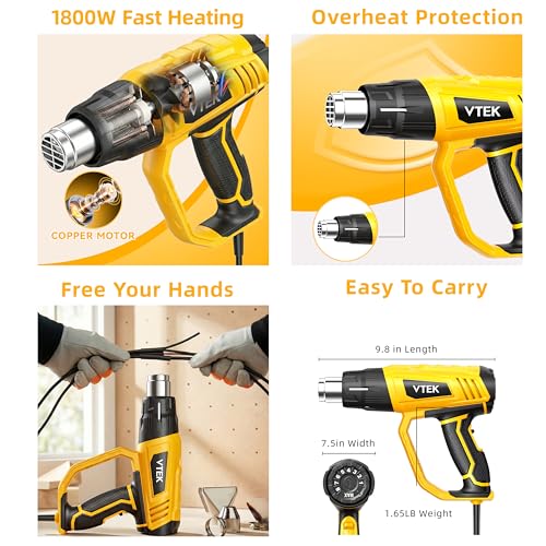 VTEK Heat Gun 1800W Hot Air Gun140℉-1202℉ Fast Heating Variable Temperature Control with 4 Nozzles for Shrinking PVC,Stripping Paint,Vinyl Wrap